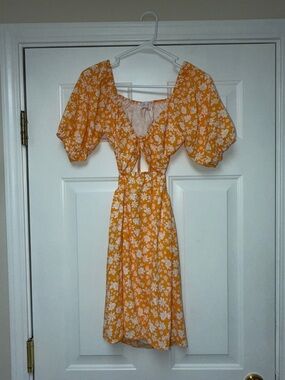 Pink Lily Orange Floral Mini Dress with Puff Sleeves